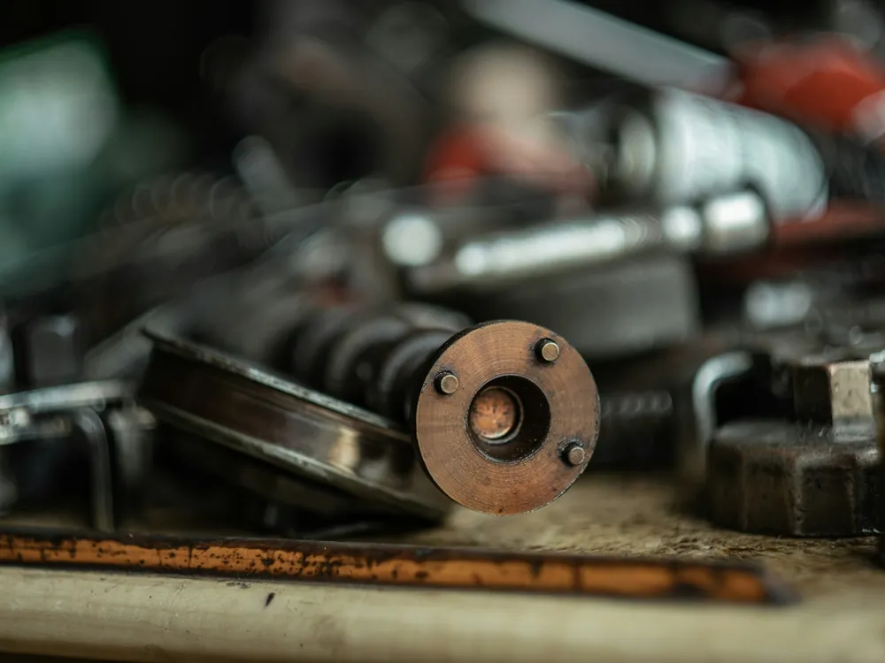 Engine parts on a workbench, close up