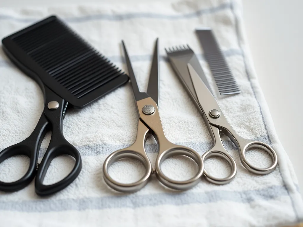 Scissors, combs and clippers laid out on a towel