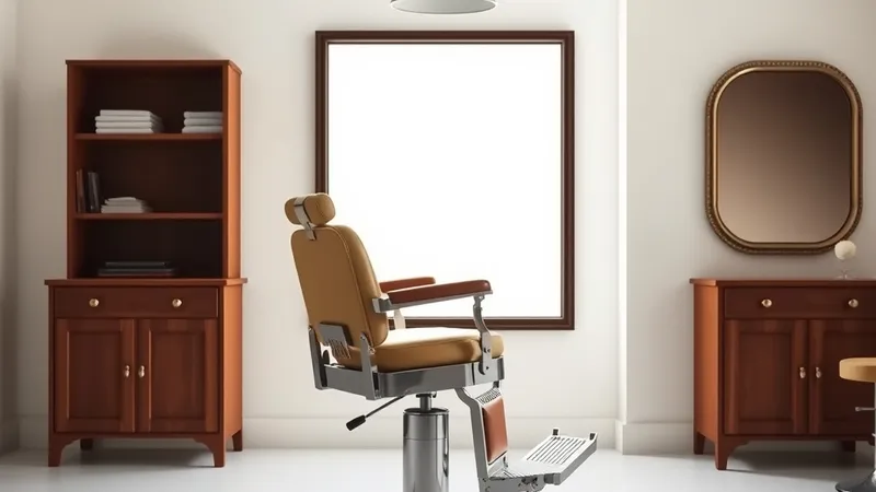 A vintage barber chair in a bright room with a mirror