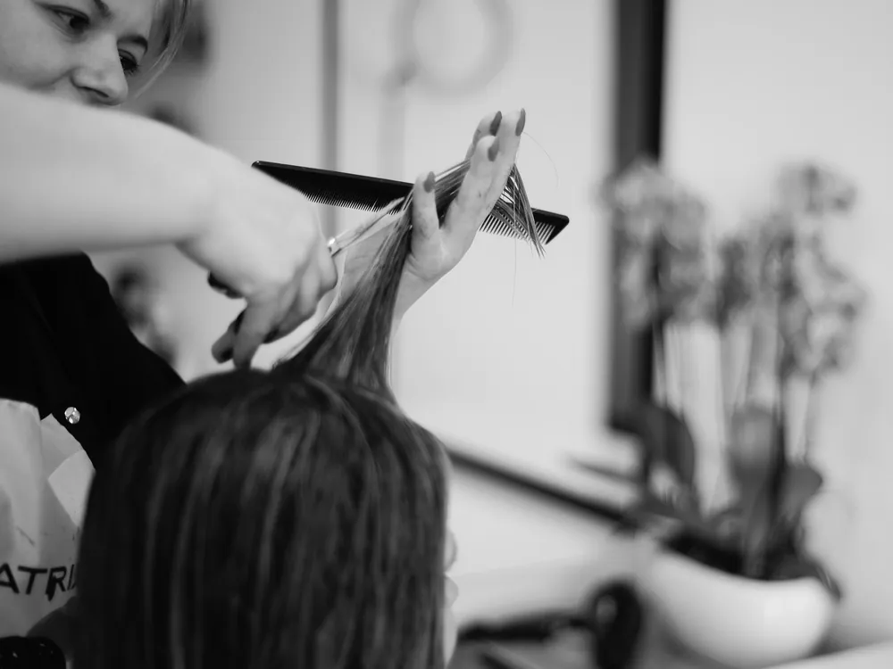 Scissors cutting hair, seen from behind