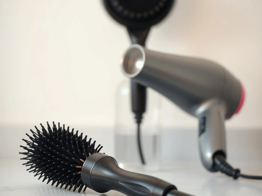 Hair brushes and a hair dryer on a counter