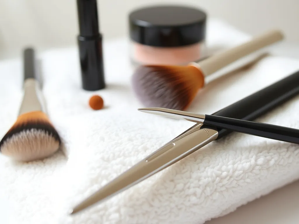 Makeup brushes and tweezers on a white towel