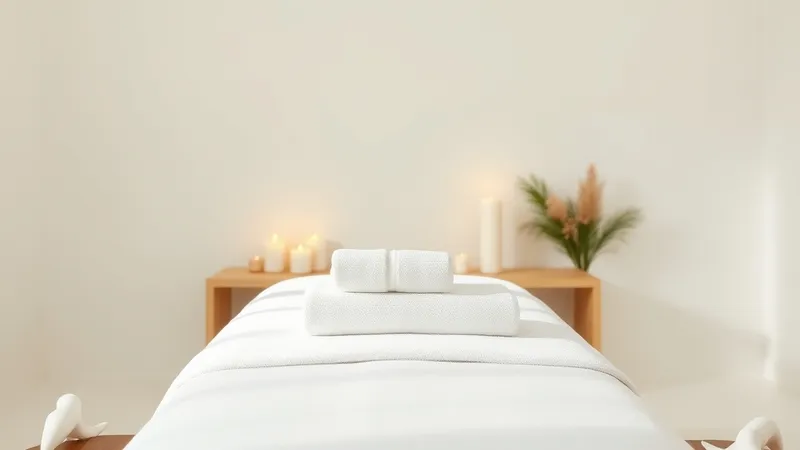 A massage table with folded towels and candles in a calm room