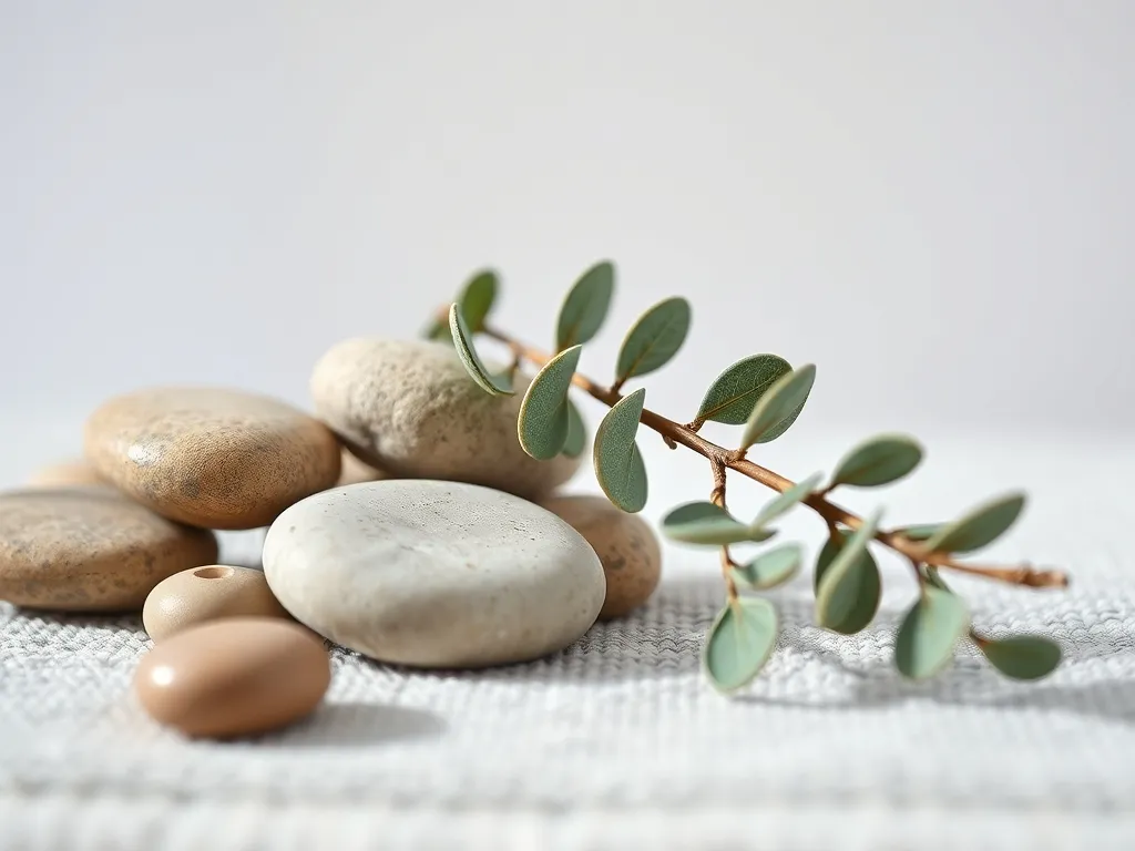Smooth stones and a eucalyptus sprig on a towel