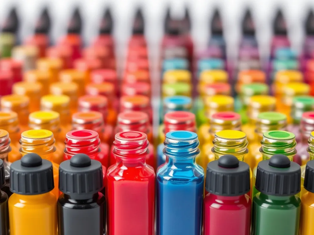 Rows of small ink bottles in bright colors