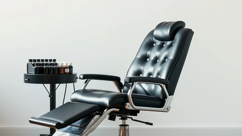 A clean tattoo studio chair beside a tray of inks