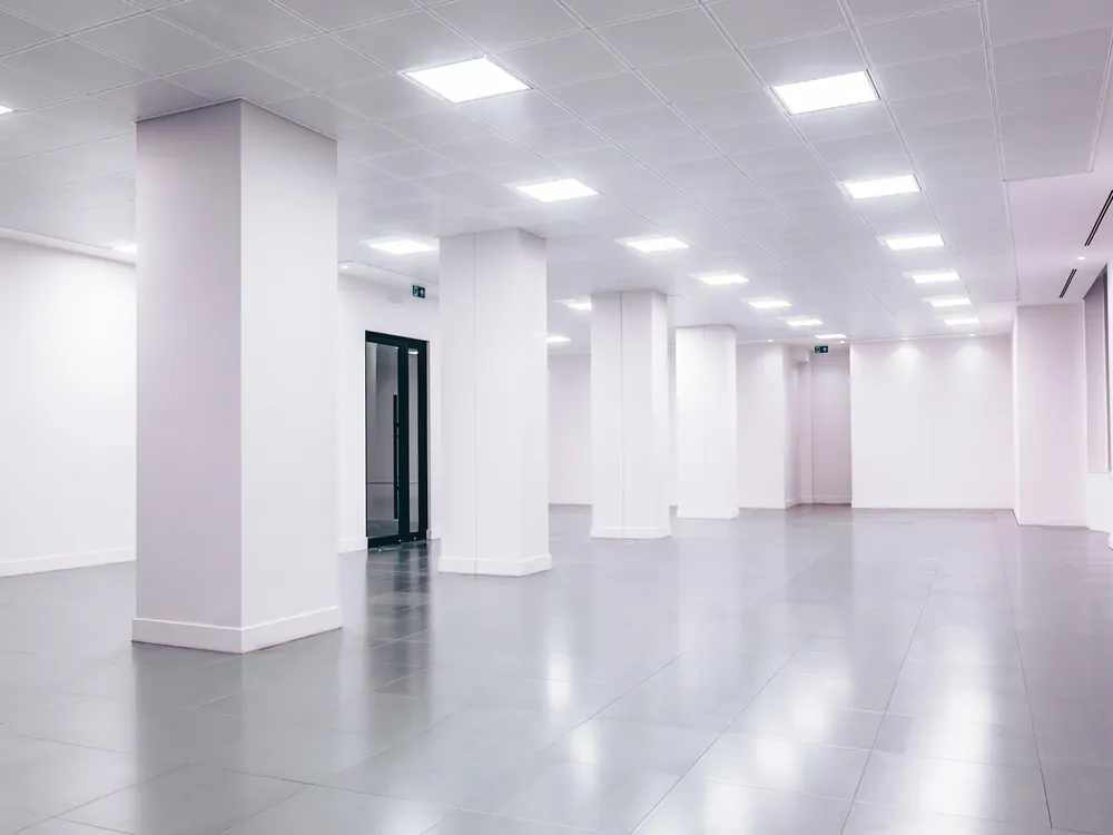 An empty, bright office floor