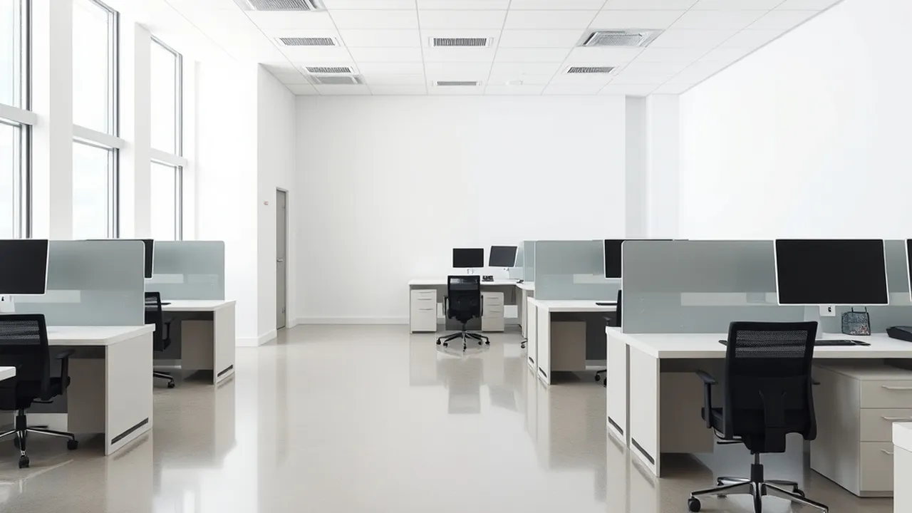 A clean empty office with desks and polished floors
