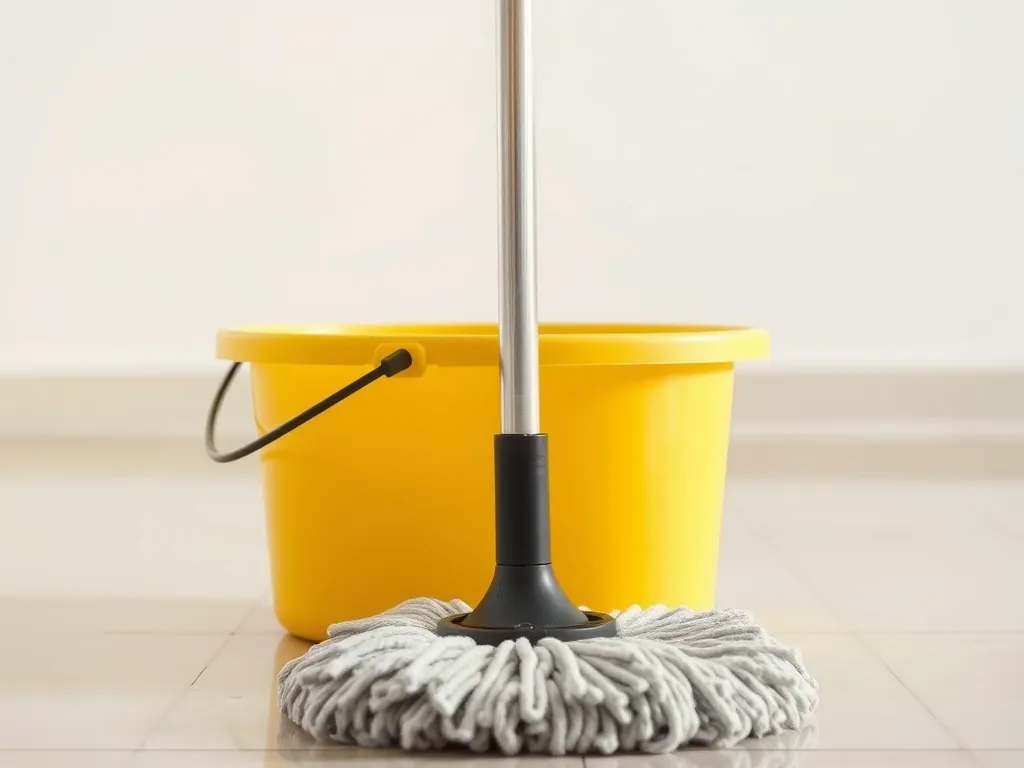 A mop and bucket on a shiny floor