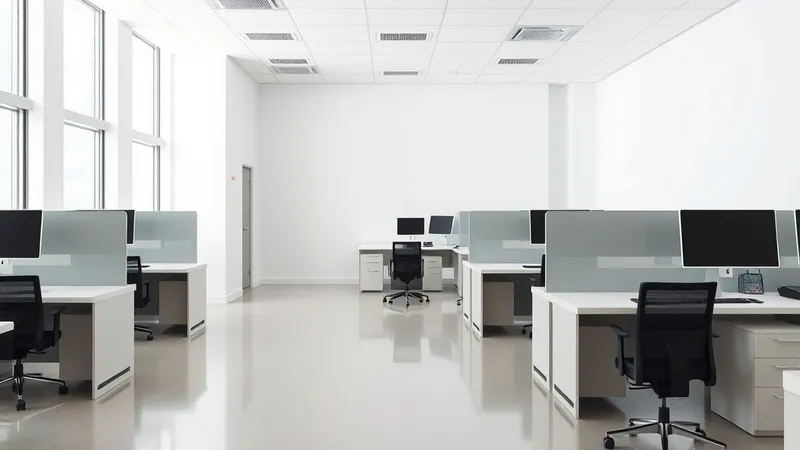 A clean empty office with desks and polished floors
