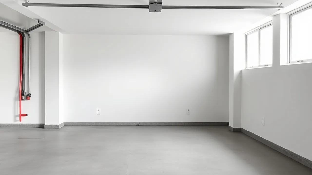 A tidy empty garage with a swept concrete floor