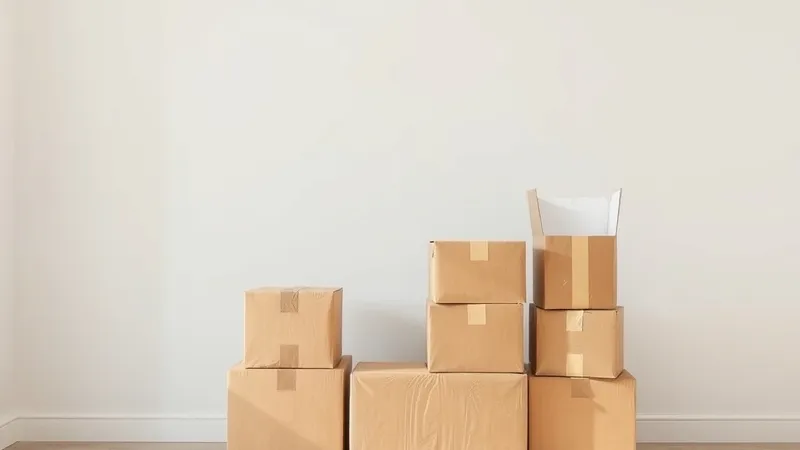 Taped cardboard moving boxes stacked in a bright empty room