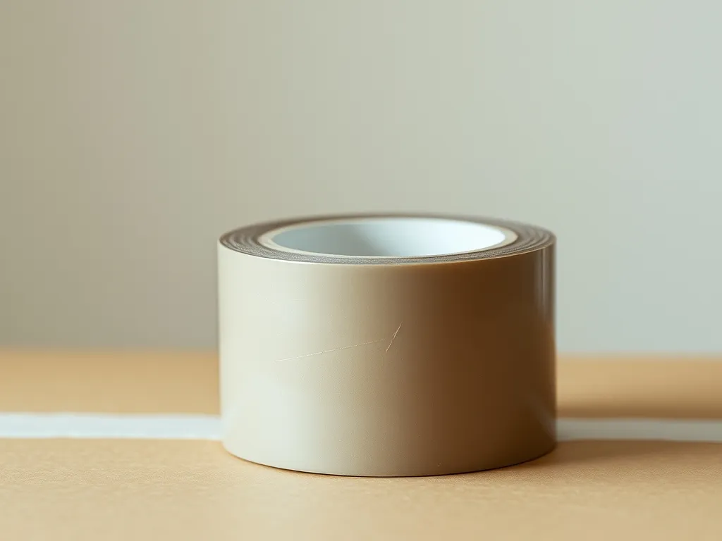 A roll of packing tape on a cardboard box