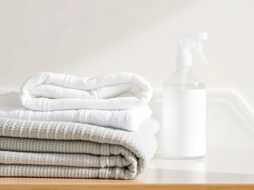 Folded towels and a spray bottle on a counter