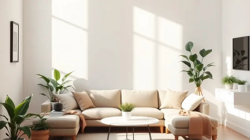 A bright tidy living room with a sofa and plants