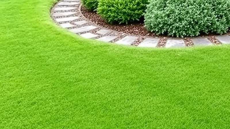A freshly mowed green lawn with a stone path and shrubs