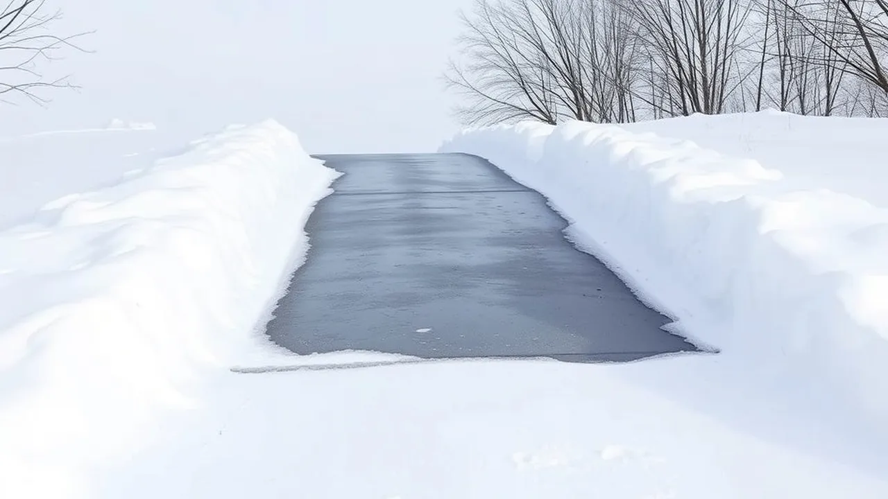 A cleared driveway between banks of fresh snow