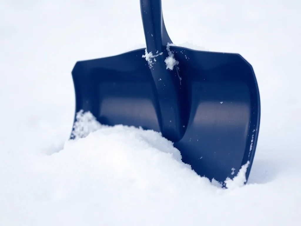 A snow shovel standing in fresh snow