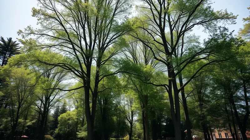 Tall trees in a green yard on a sunny day
