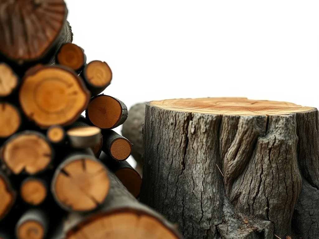Cut logs stacked beside a tree stump
