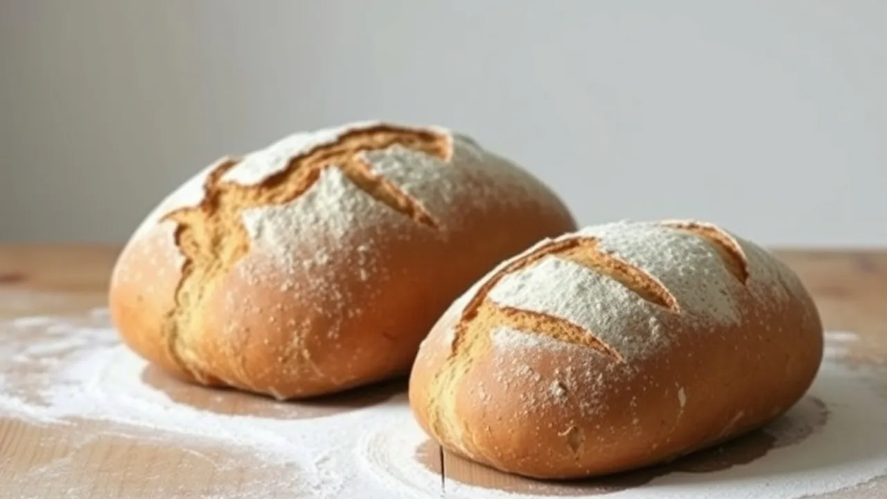 Rustic loaves of sourdough bread on a floured wooden table