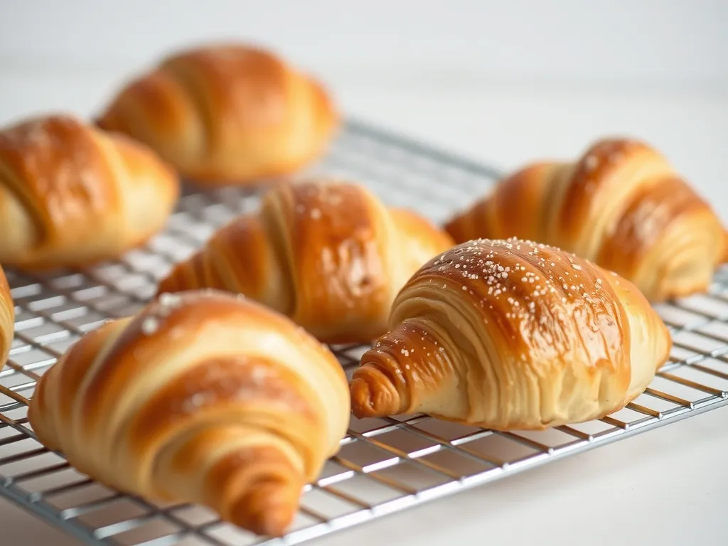 Croissants cooling on a wire rack