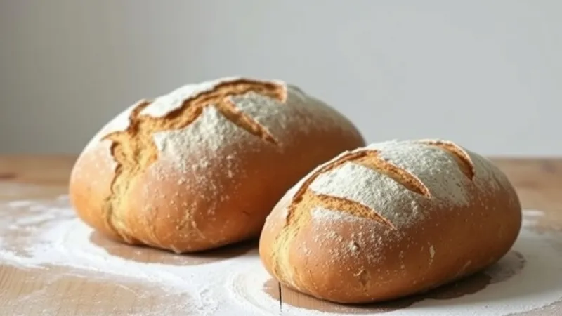 Rustic loaves of sourdough bread on a floured wooden table