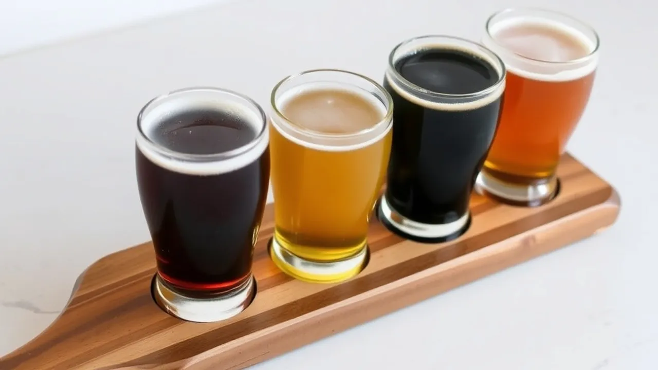 A flight of craft beers in tasting glasses on a wooden paddle