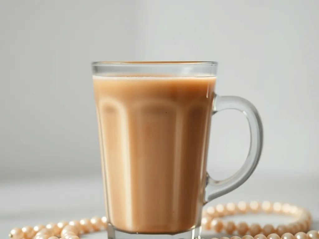 A glass of brown sugar milk tea with pearls