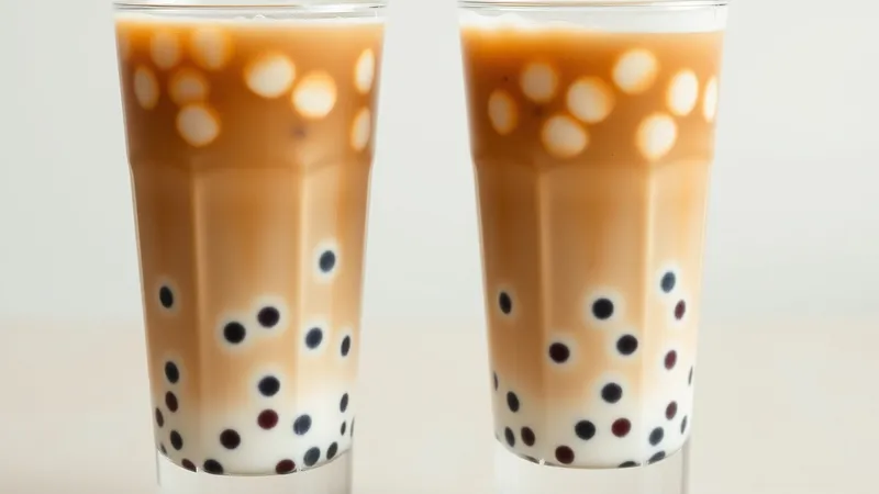 Glasses of bubble tea with tapioca pearls on a light wooden table