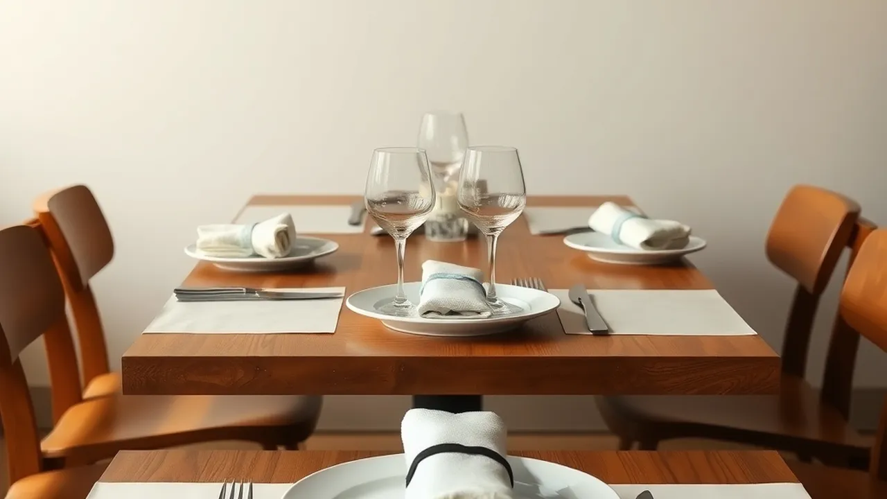 A set restaurant table with plates, glasses and folded napkins on warm wood