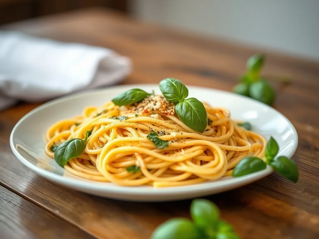 A plate of pasta with basil on a wooden table