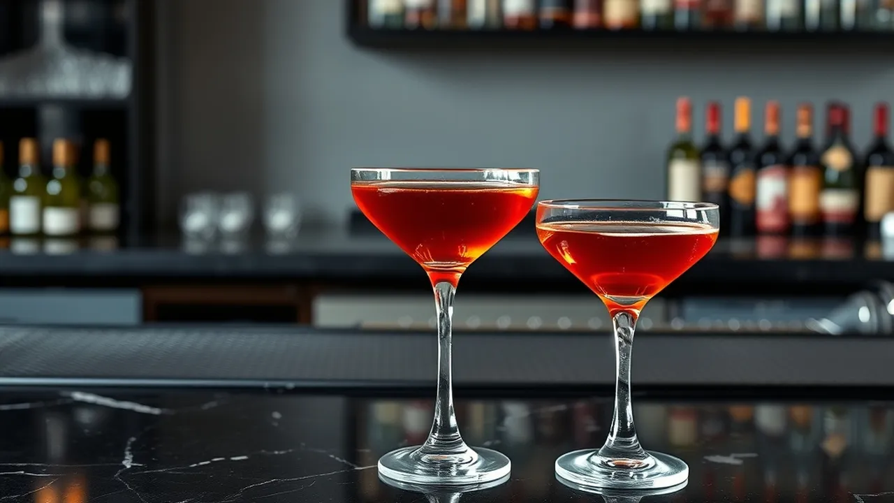 Cocktails in coupe glasses on a dark marble bar