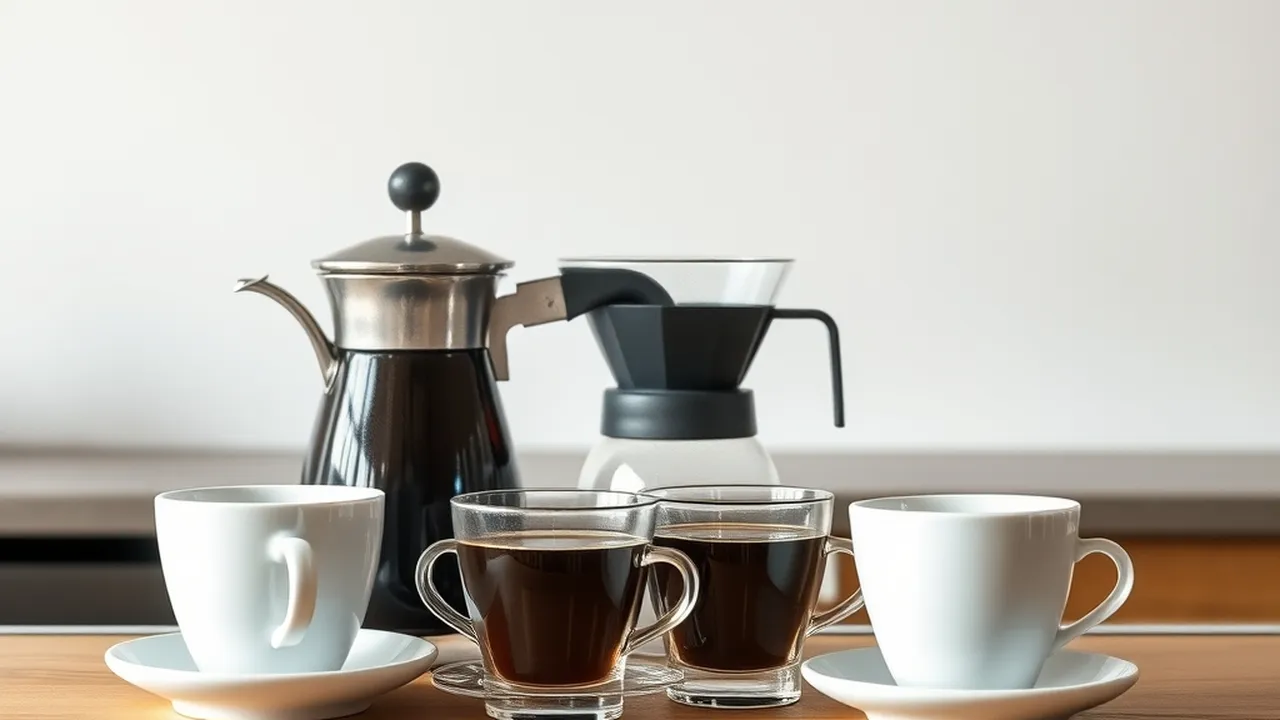 Cups of coffee and a pour-over kettle on a wooden bar