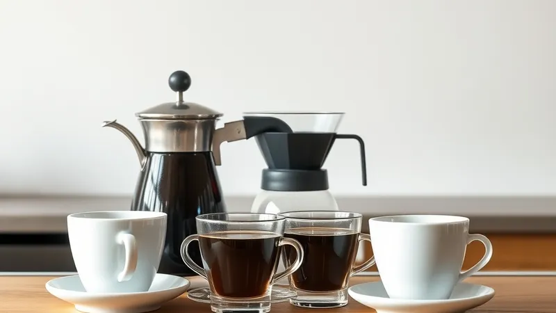 Cups of coffee and a pour-over kettle on a wooden bar