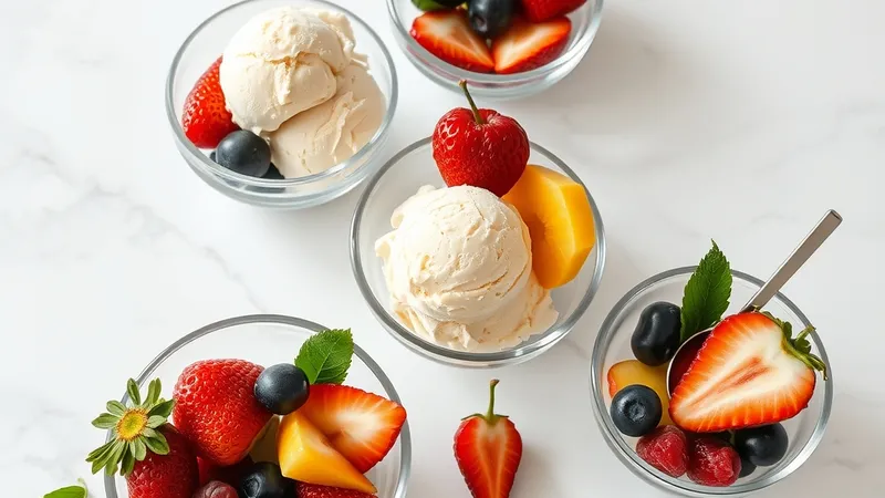 Bowls of ice cream scoops with fresh fruit on a marble table