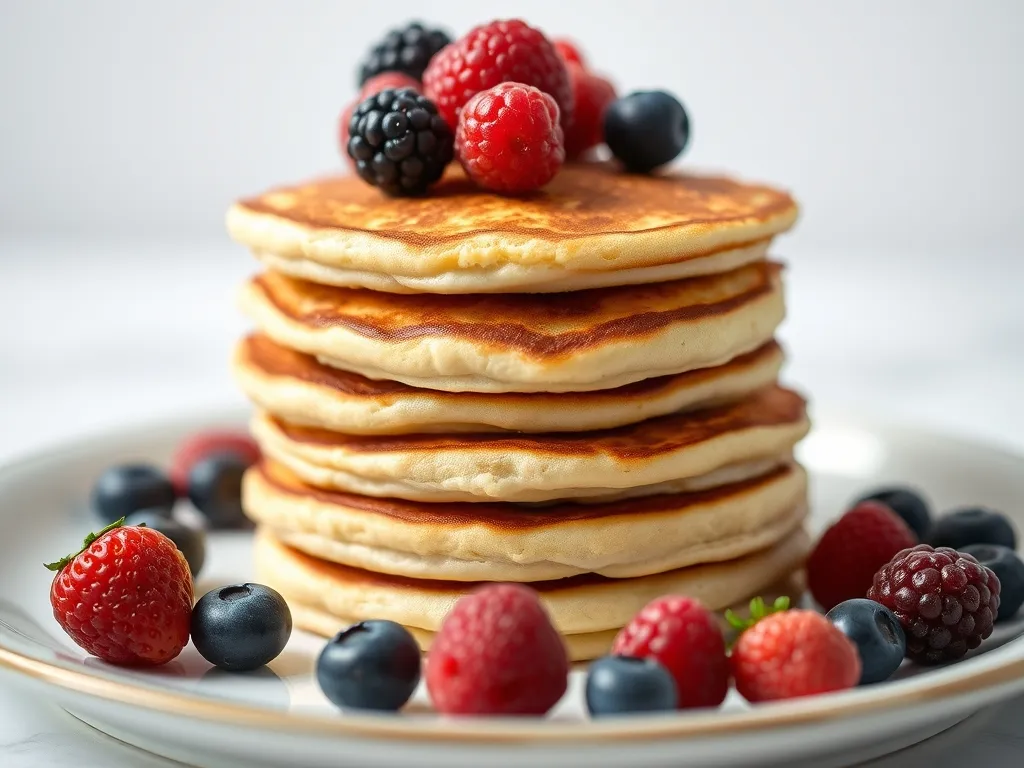 A stack of pancakes with berries on a plate