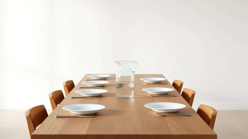 A long wooden family dining table set with plates and a water jug