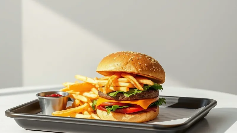 A burger and fries on a tray on a clean table