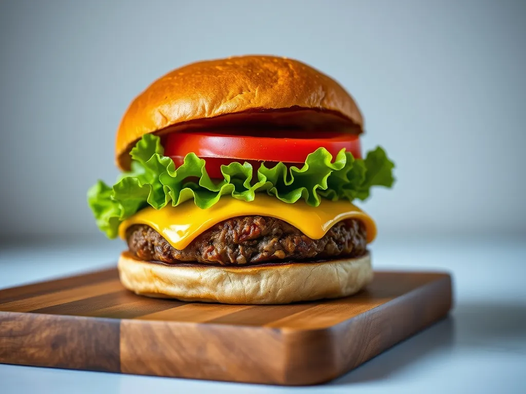 A cheeseburger with lettuce and tomato on a wooden board