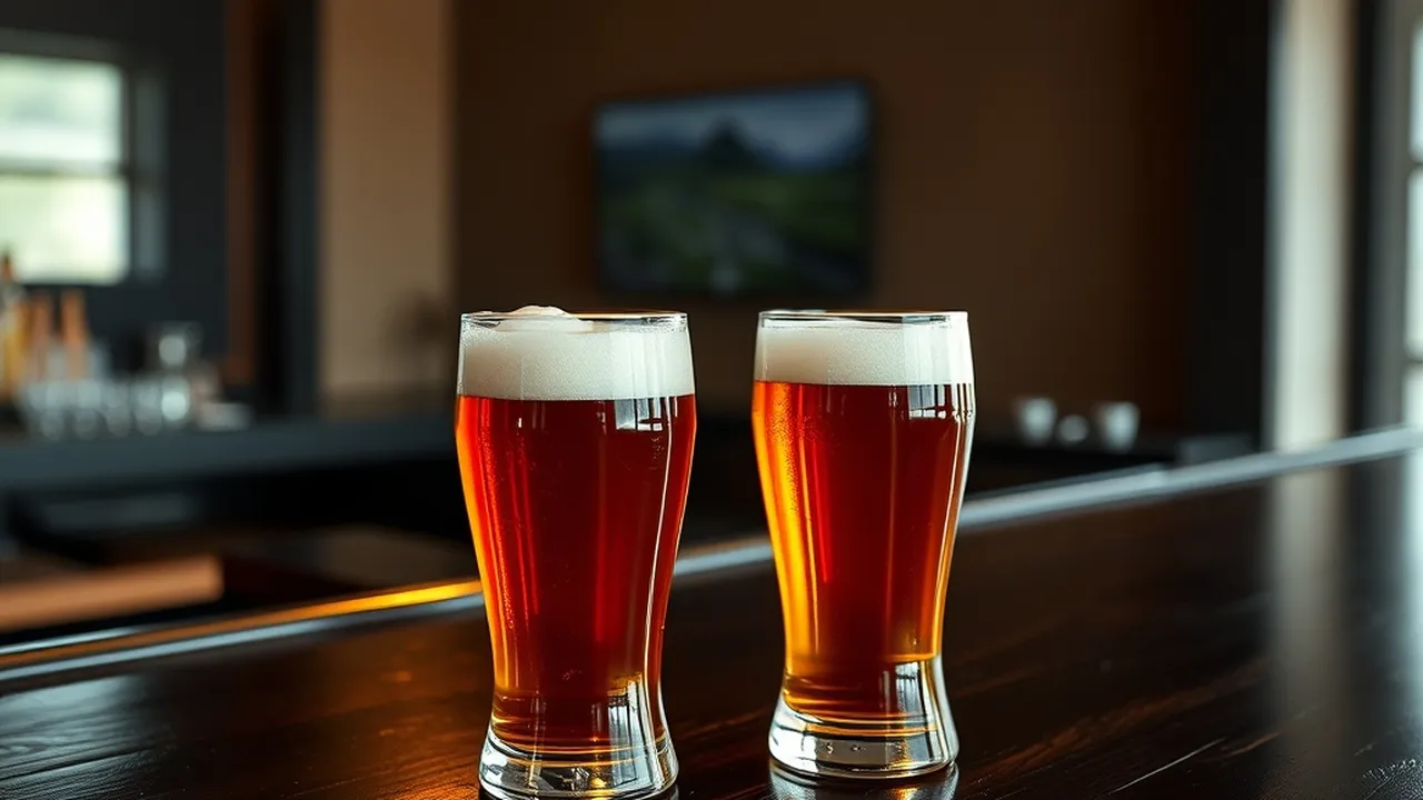 Pints of beer on a dark wooden bar top with warm light