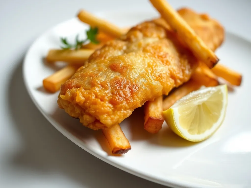 Fish and chips on a plate with a lemon wedge
