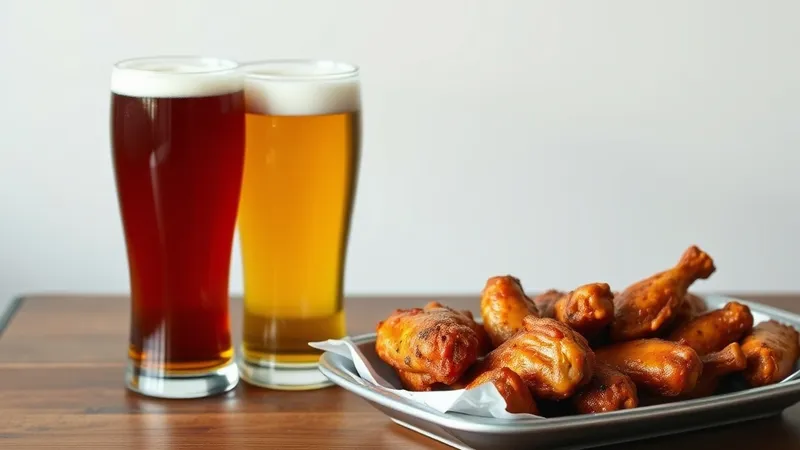 Pints of beer and a platter of wings on a wooden table
