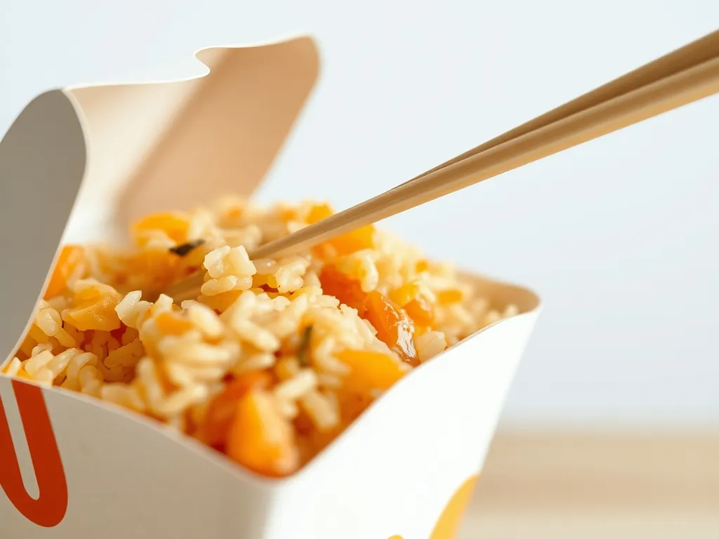 A paper takeout box of fried rice with chopsticks