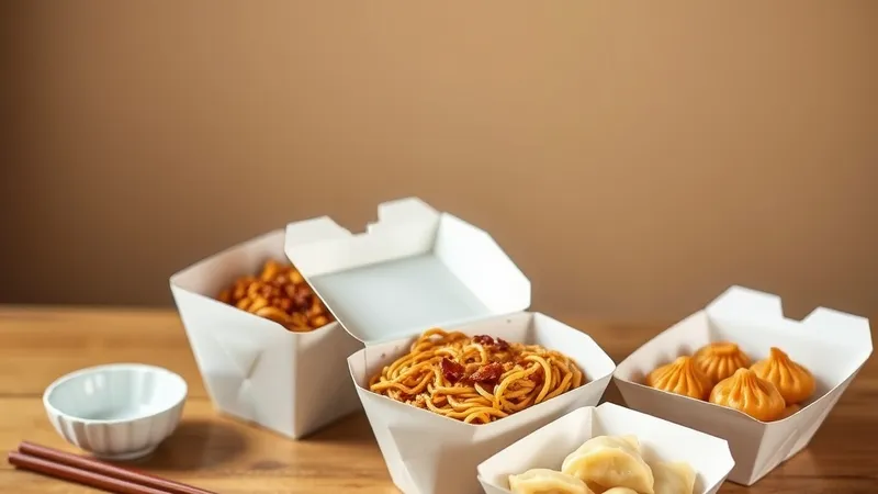 Takeout containers of noodles and dumplings on a wooden table