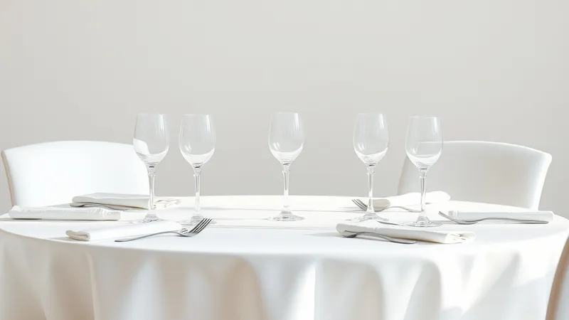 An elegant dining table with white linen, crystal glasses and polished cutlery