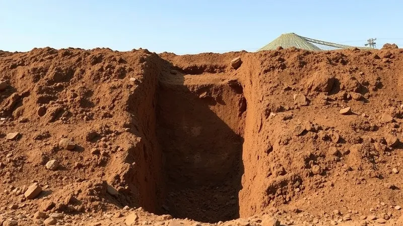 A freshly dug trench in brown soil beside a gravel pile under a clear sky