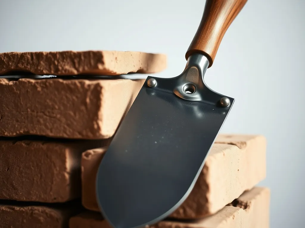 A trowel resting on stacked bricks