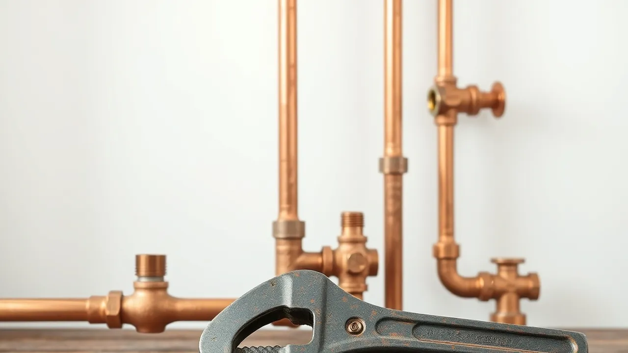 Copper pipes and fittings with a pipe wrench on a workbench