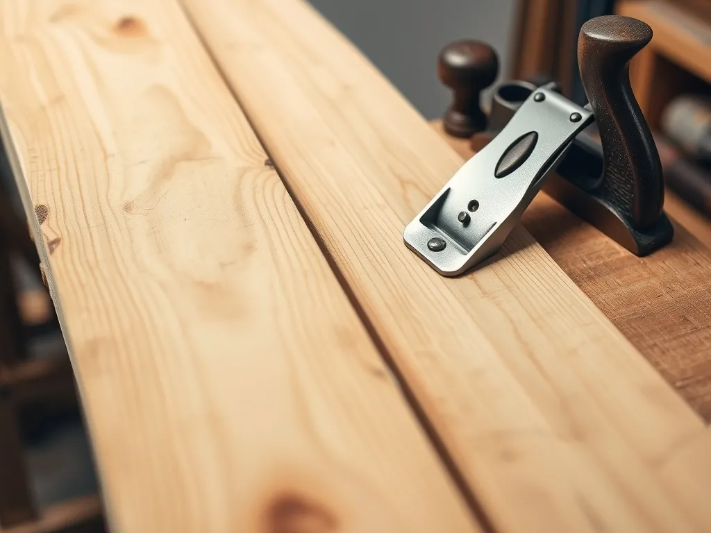 Fresh wood planks and a hand plane on a workbench